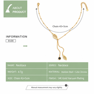 สร้อยคอแบบลาเรียต สแตนเลสสตีล ประดับเพชรคิวบิกเซอร์โคเนีย ชุบทอง 14K แบบสุญญากาศ ลายใบไม้ พร้อมลูกปัดสีดำ - Product Image 4