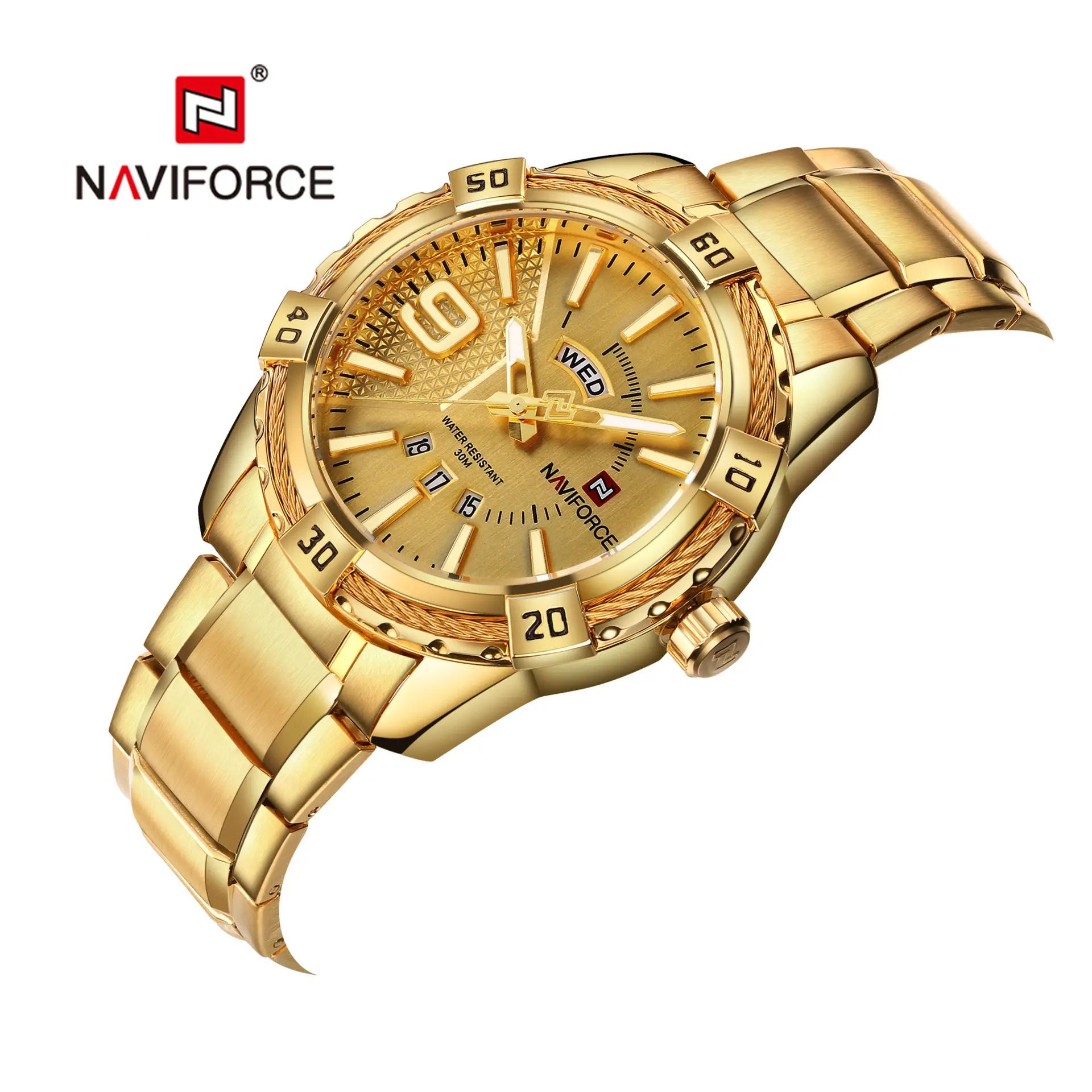Naviforce relógio masculino esportivo, relógio de pulso 9117s impermeável de aço para estudantes de moda quartzo e estiloso