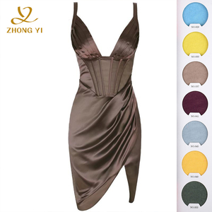 Bretelles soyeuses personnalisées à la mode pour femmes, couleur unie, col <span class=keywords><strong>en</strong></span> V profond, taille plissée, robes de soirée mi-longues sexy et élégantes. - Product Image 2