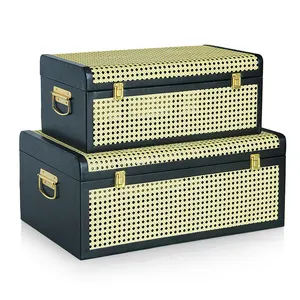 Rattan decor black faux leather covered wooden framed storage stackable Toy storage trunk organizer box chest set