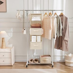 5 Tier Hanging Closet Organizer Beige Foldable Storage <b>Shelf</b> With <b>Hooks</b> For Bedroom Neatening - Product Image 5