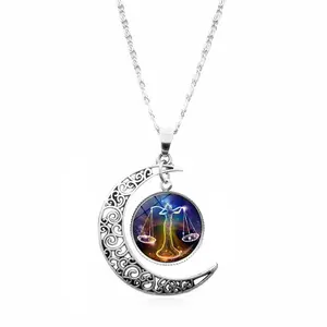 12 Zodiac Signs Glass Dome Crescent Moon Necklace Fashion Jewelry for Women Aries Taurus Gemini Cancer Aquarius Pisces Necklace