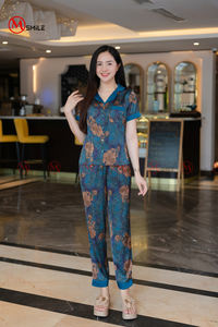 MBD301 SATIN FABRIC Pajamas for <b>Women</b> Set Custom Sleepwear Heart Printed <b>Pyjamas</b> Set Good Quality Woman Pajama Cotton - Product Image 4