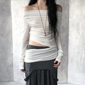 T-shirt à manches longues pour femme, couleur unie, épaules dénudées, dos nu, style coréen, streetwear Harajuku - Product Image 2