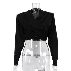 New Fasonable Slim Fit Tsrt Long Sleeved <b>Cross</b> Tie Ooded Crop <b>Top</b> Wit Digital Printing Casual Style - Product Image 5