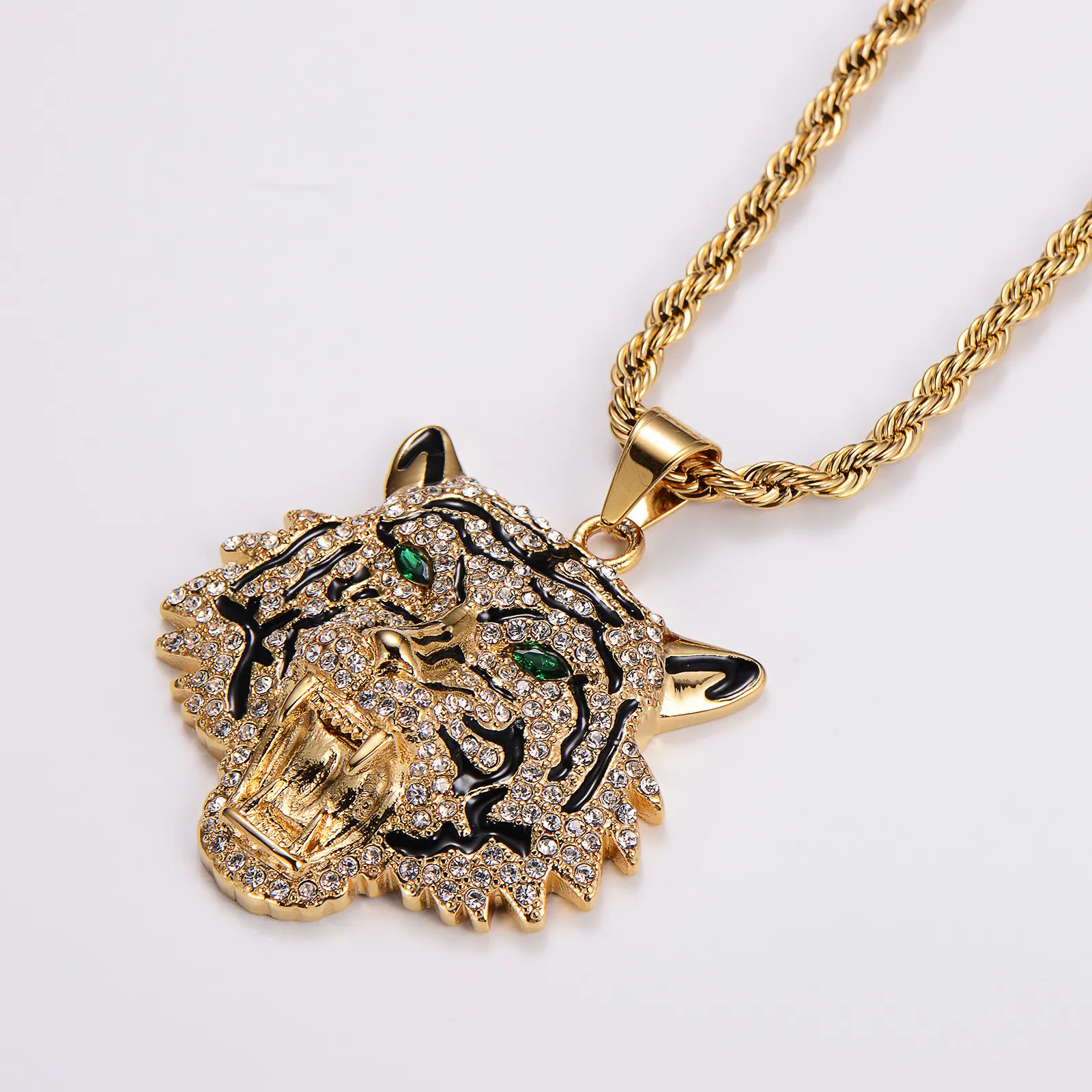 Hip hop 18K mạ vàng thép không gỉ màu xanh lá cây mắt Iced ra đồ trang sức chuỗi lớn Tiger Head Mặt dây chuyền cho nam giới