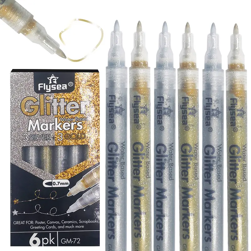 Modernes Design Flysea Brand Gold und Silber Farbe Glitter Marker Pen Set von 6 Glitter Marker Pens