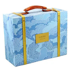 Caja grande de regalo de papel de cartón azul de lujo con asa para juego de cama/abrigos/chaquetas caja de embalaje de ropa