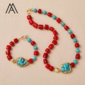 Blu turchese <span class=keywords><strong>con</strong></span> tamburo a forma di <span class=keywords><strong>corallo</strong></span> rosso perla bianco rame-oro placcato perline stile Vintage separato collana di perline di moda - Product Image 2