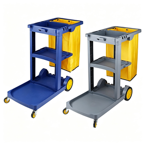 Chariot de nettoyage commercial multi-usages pour concierges avec seaux amovibles, porte-sacs poubelles et roulettes silencieuses - Product Image 3