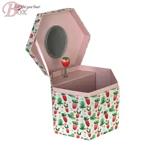 Caixa hexagonal para presente, caixa musical personalizada de tecidos de morango para meninas