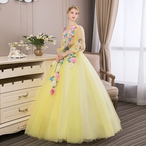 Light Yellow Tulle Stage Performance Dress With 3D Floral Embroidery Women's Long Evening Gown For Solo Singing Choir Hosting - Product Image 2