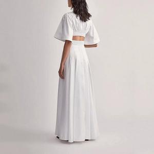 2023 Plain Ladies Summer Clothing V Neck Show Back Waist Pure <strong>White</strong> <strong>Maxi</strong> Pleated Elegant Gentle Women's Dress - Product Image 4