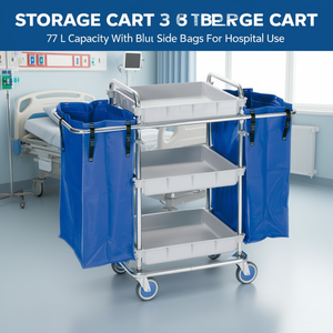 Carrello portaoggetti a 3 ripiani grigio con capacità di 77 litri e borse laterali blu per uso ospedaliero - Product Image 3