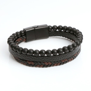 Cross Border gesper <span class=keywords><strong>Magnet</strong></span> Obsidian untuk pria, gelang manik-manik anyaman banyak lapisan kulit - Product Image 5