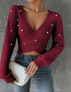 เสื้อสเวตเตอร์ผู้หญิงคอลเลคชั่นใหม่ประจำฤดูใบไม้ร่วง ประดับลูกปัด ไหล่ตก ทรงเข้ารูป แขนยาว แฟชั่น - Product Image 4