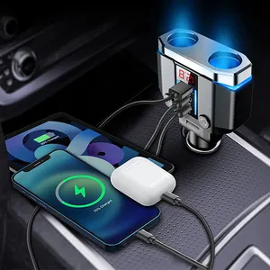 Pengisi Daya Mobil Cepat USB C PD 3 Port dengan 2 Pemantik Rokok Soket Adaptor Pemisah untuk Mobil EV, Kamera Dasbor