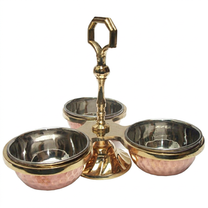 Polished Vintage Round Steel and Copper <b>4</b>-<b>Piece</b> 3-Bowl Compartment Pickle Condiment Holder for Party Restaurant Hotel Home Use - Product Image 1