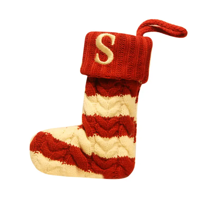 Monogram Christmas Kids Gifts Bags Red White Stripes Pattern Acrylic Knitted Hanging Stocking