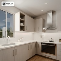 Meuble de cuisine moderne stratifié avec portes à battants, aménagement en L, dimensions personnalisées, boîtes en panneaux de particules et rangement coulissant