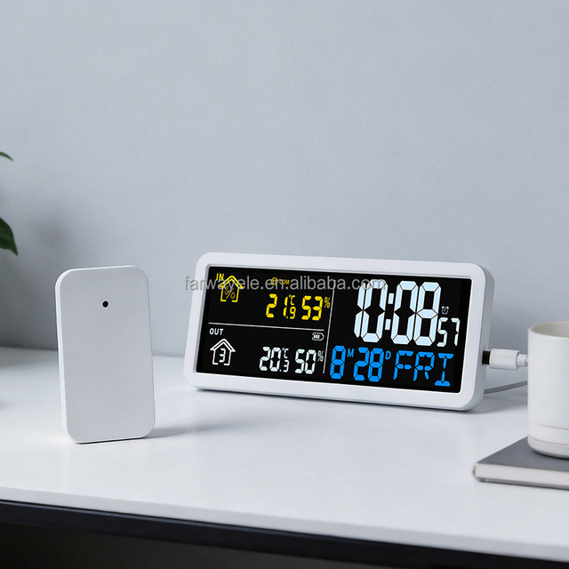 LCD Wireless Digital Weather Wall Clock with Indoor and Outdoor Thermometer Temperature and Humidity Color Display