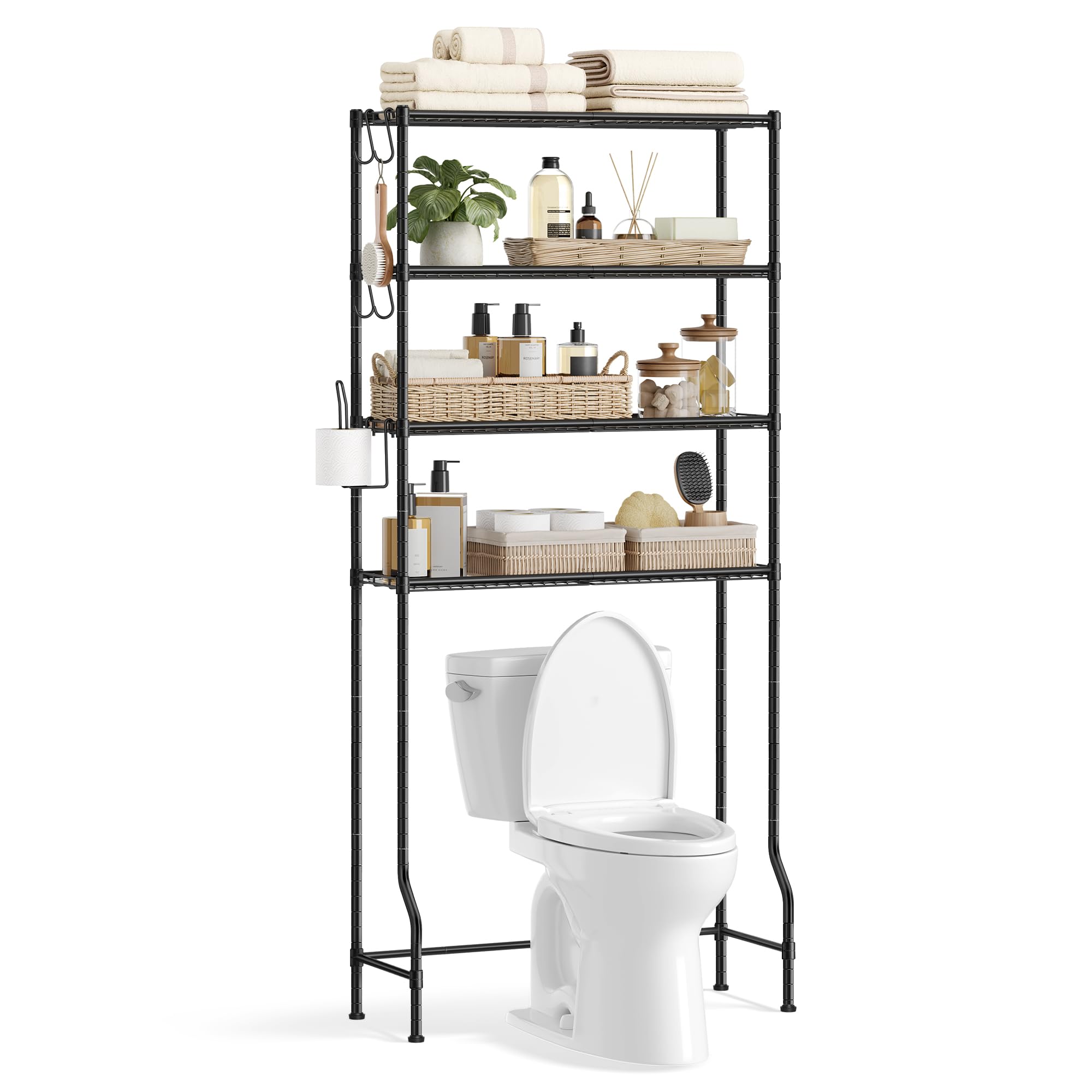 4-Tier Metal Toilet Storage Rack Modern Style with Adjustable Shelves 4 Hooks Space-Saving Bathroom Shelf Organizer Roll Holder