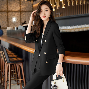 Women's Suit Set Blue Polyester Satin Three Quarter Sleeve Notched Collar Spring Formal <b>Work</b> Wear - Product Image 3