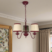 3 Lt Rouge Fer Pendentif Lustre LED Plafonnier Plissé E14 Garniture Chandelier Abat-jour en Tissu pour Salon Salle à Manger Alimentation AC