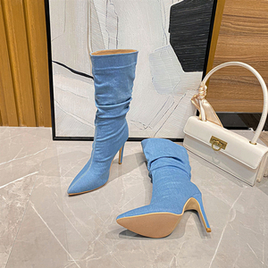 Nuovi <span class=keywords><strong>stivali</strong></span> da donna a maniche medie con <span class=keywords><strong>tacco</strong></span> alto sexy a punta con <span class=keywords><strong>tacco</strong></span> sottile di grandi dimensioni in denim europeo e americano - Product Image 6