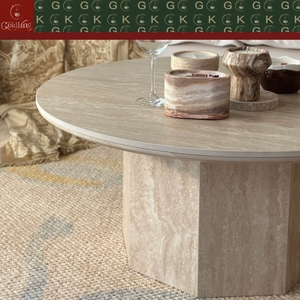 Table basse GOLDKING pour salon en travertin beige veiné naturel, bord lisse, base octogonale, OEM ODM personnalisé direct - Product Image 5