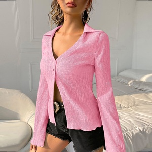 Model Blouse Design Flounce Sleeve Lettuce Trim Blouse V Neck New Clothing Custom Summer <strong>Top</strong> - Product Image 2