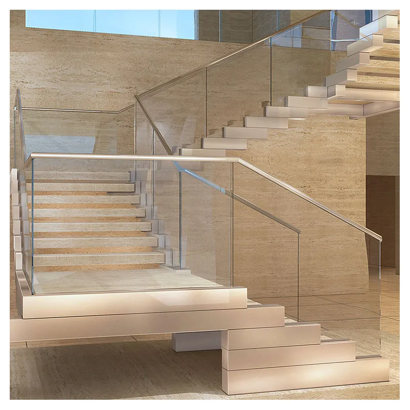Marche de luxe en marbre pour escaliers Isiteji, avec balustrade en verre et balustrade en aluminium, importé du japon, à l'intérieur