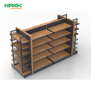 Highbright Double-sided Gondola Shelving with Wood Grain <b>Shelves</b> and Side Wire <b>Baskets</b> for Supermarket Grocery Store - Product Image 2