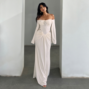 Robe de soirée sirène élégante avec col en V, manches cloche évasées, patchwork plissé, robe luxueuse pour mariage ou soirée - Product Image 5