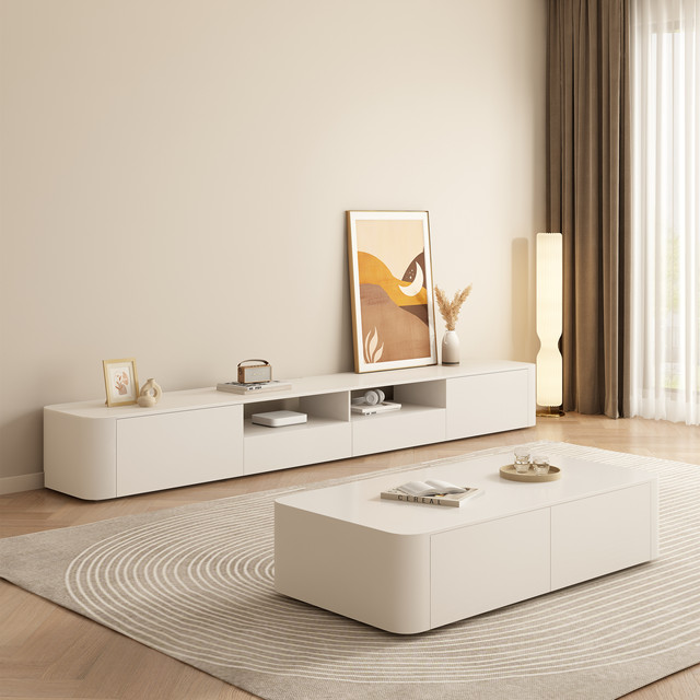 TV Cabinet and Coffee Table Combo White Minimalist Floor Standing Unit for Small Living Rooms Simple Modern Solid Wood TV Stand