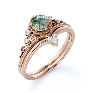 Filigree Chevron Tiara 0.6 carat Round Cut Moss Green Agate and Diamond Wedding Ring Set in Rose Gold