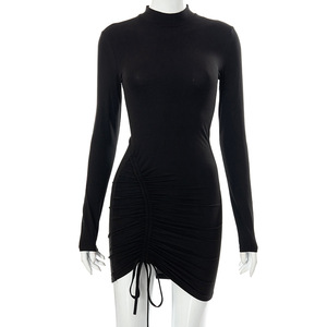 Sexy Ruched Bodycon Mini Dress phụ nữ quần áo mùa thu dài tay áo O cổ ren lên <span class=keywords><strong>draped</strong></span> chặt chẽ Dresses người phụ nữ bên đêm - Product Image 1