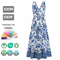 Robe longue florale pour femme, col en V, sans manches, bleu et blanc, logo personnalisé, marque privée, faible MOQ, OEM, ODM, vente en gros