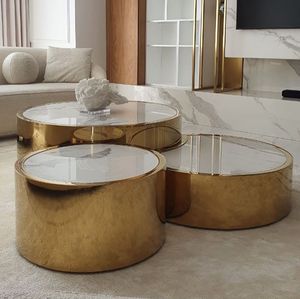 Ensemble de 3 tables basses de salon MR Table d'appoint haut de gamme en acier inoxydable Table d'appoint en verre pour villa - Product Image 1