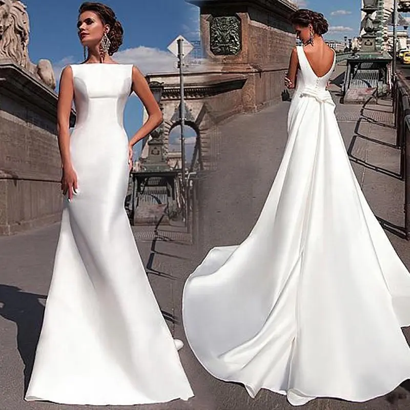 Simple Satin Wedding Dresses Boat Neck Beach Bridal Gowns With Detachable Tail