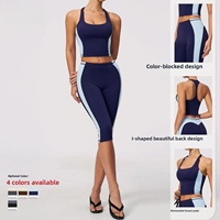 Set Yoga Wanita 2 Potong Warna-Warni Patchwork, Legging Capri Pinggang Tinggi, Sport Bra Racerback, Pakaian Olahraga Pengangkat Bokong