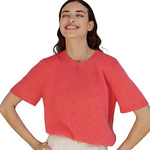 Women's Coral <b>Crop</b> <b>Top</b> Short Sleeve Crew Neck Knitted Loose Fit Solid Color Casual Spring Summer Breathable Acrylic T-Shirt - Product Image 1