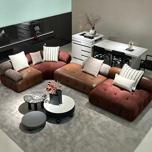 Canapé modulaire extensible en forme de L, combinaison de cuir et de tissu, coin incurvé, librement combinable, moderne, personnalisable, pour salon - Product Image 2