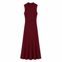Robe longue maxi en maille bordeaux personnalisée pour femme, col montant, sans manches, coupe trapèze