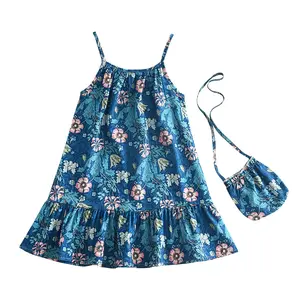 Proveedor de China, vestidos de moda para niños, sin mangas, estampado floral, ropa azul para niñas