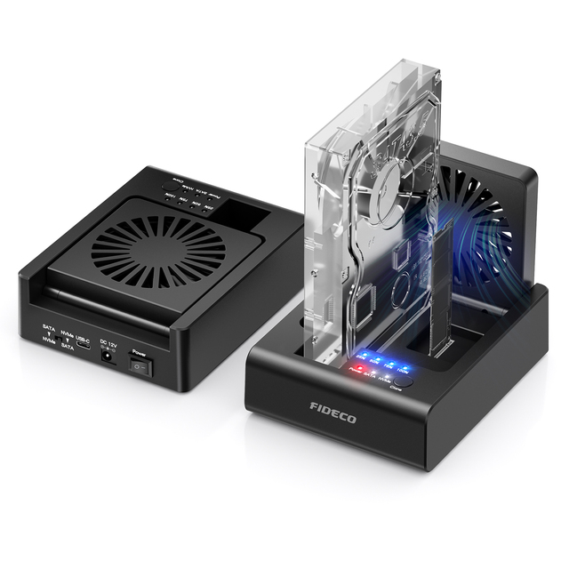 FIDECO Plastic Multifunction Duplicator 2.5 3.5 Inch SATA HDD SSD Docking with Cooling Fan Support M.2 NVMe and SATA