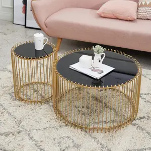 Nordic Luxo Sala Móveis Ouro E Preto Vidro Temperado Top Round Coffee Table