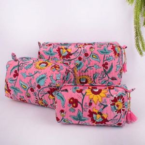Custom Women Eco-Friendly Recyclable Quilted Zipper Foldable Lightweight Large Cosmetic Bag Travel <b>Storage</b> Flower Printed Cotton - Product Image 6