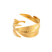 Bracelet manchette ouvert en feuille de palmier et plume dorée pour femme, bijou fantaisie bohème ethnique fait main, cadeau