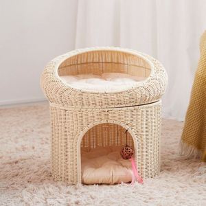 Maison pour chat en rotin tressé à double étage, lit-caverne pour chat à deux niveaux, jouet suspendu, décoration, abri de sommeil pour animaux de compagnie d'intérieur - Product Image 3